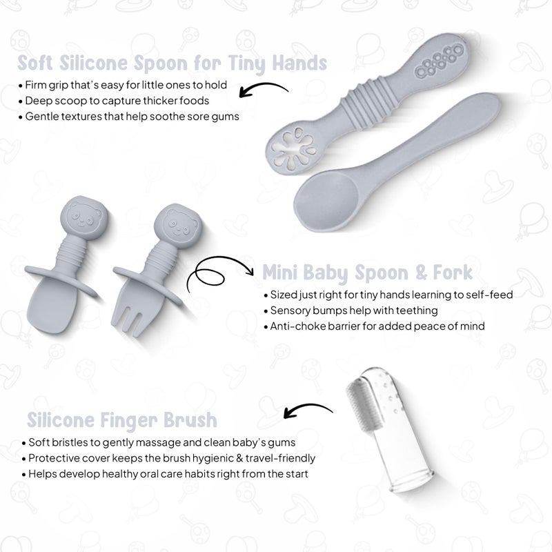 O'doe 11-Piece BPA-Free Silicone Baby Feeding Set | Thick & Soft Suction Plates, Baby Bowls, Wooden Fork & Spoon, and More | Make Mealtime Fun and Easy for Your Little One (Grey, V1) - Image 4